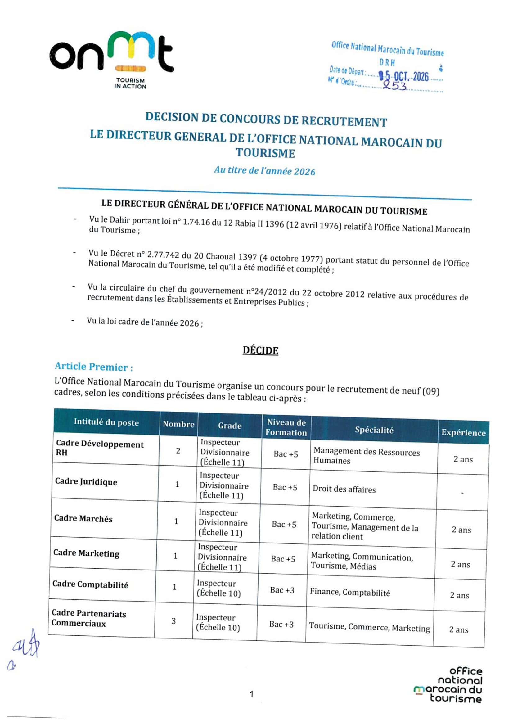 Office National Marocain du Tourisme recrute